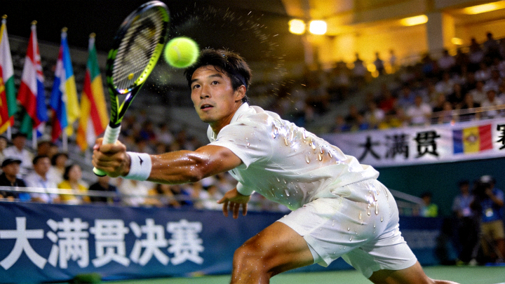 网球大满贯决赛现场，运动员奋力发球的瞬间